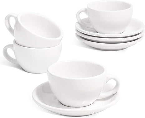 LE TAUCI 6 oz Cappuccino Cups with Saucers, Ceramic Coffee Cup for Au Lait, Double shot, Latte, Cafe Mocha, Tea - Set of 4, White