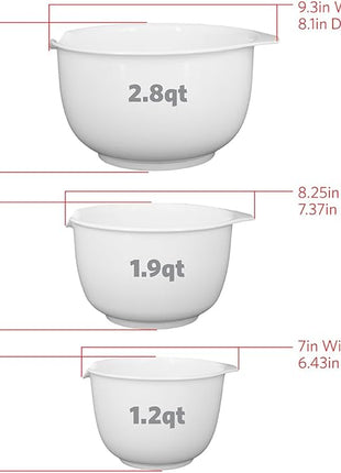 GLAD Mixing Bowls with Pour Spout, Set of 3 | Nesting Design Saves Space | Non-Slip, BPA Free, Dishwasher Safe Plastic | Kitchen Cooking and Baking Supplies, White