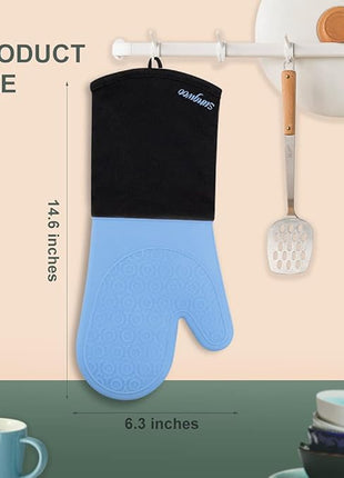 sungwoo Extra Long Silicone Oven Mitts, Heat Resistant Oven Gloves with Quilted Liner Non-Slip Textured Grip Perfect for BBQ, Baking, Cooking and Grilling - 1 Pair 14.6 Inch Sky Blue & Black