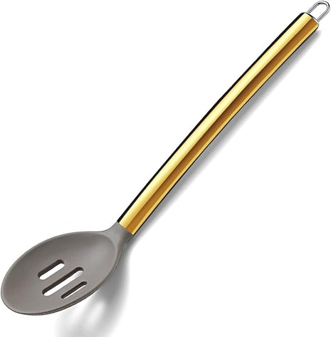 Berglander Non-stick Silicone Slotted Spoon, Titanium Gold Plated Handle, Basting Spoon, Dishwasher Safe, Easy to Clean