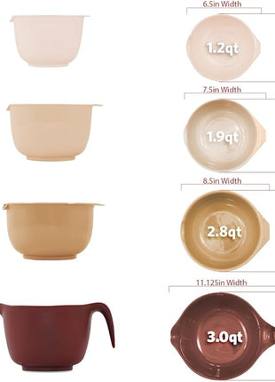Glad Mixing Bowls with Pour Spout, Set of 4 - Nesting Plastic Bowls (1.2qt, 1.9qt, 2.8qt, and 3qt with Handle) - Non Slip Base, Dishwasher Safe Kitchen Cooking and Baking Supplies, Beige