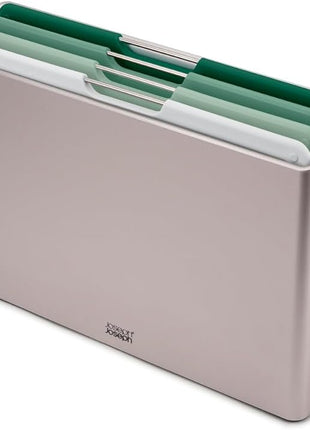 Joseph Joseph Folio 4-Piece Colour coded Cutting Board Set, Slimline case for organized Kitchen storage, Sage Green