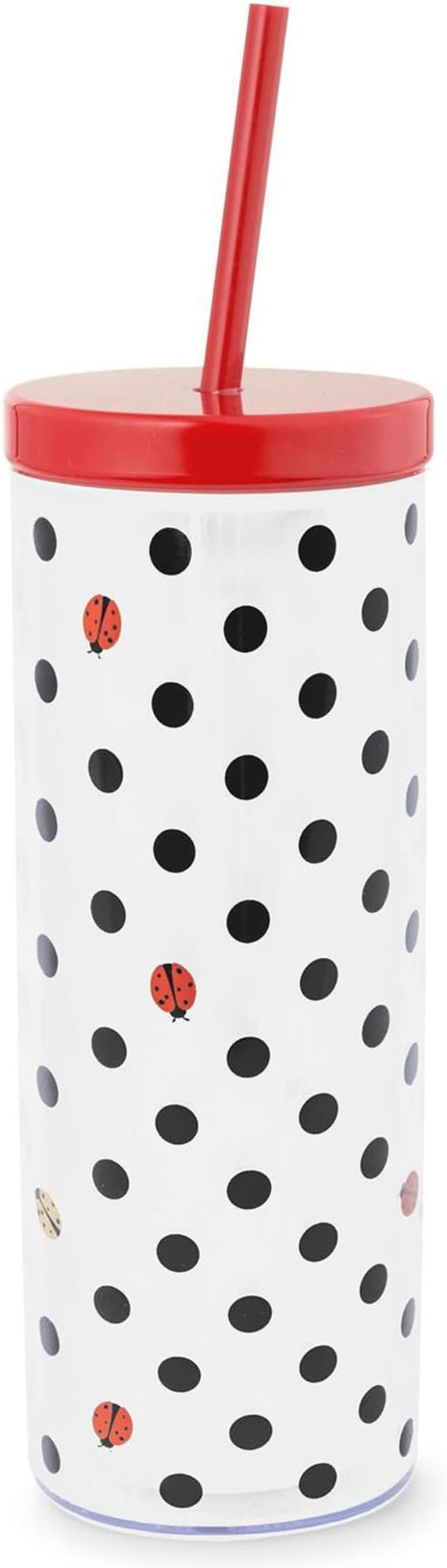 kate spade new york Acrylic Tumbler with Lid and Straw, 24 oz Tumbler, Slim Double Wall Tumbler (Ladybug Dot)