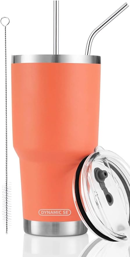 D·S 30oz Orange Tumbler Stainless Steel Insulated Travel Mug with Straw Lid Cleaning Brush (30oz Orange)