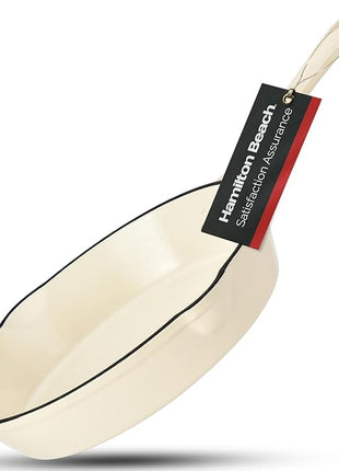 Hamilton Beach Enameled Cast Iron Fry Pan 8-Inch Cream, Cream Enamel Coating, Skillet Pan for Stove Top and Oven