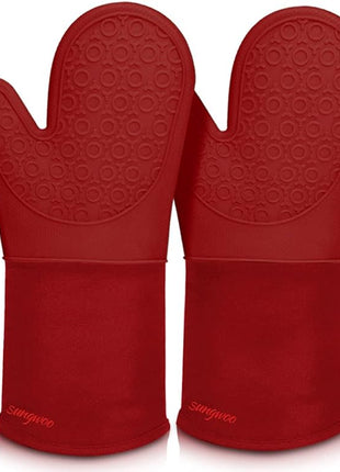 sungwoo Extra Long Silicone Oven Mitts, Heat Resistant Oven Gloves with Quilted Liner Non-Slip Textured Grip Perfect for BBQ, Baking, Cooking and Grilling - 1 Pair 14.6 Inch Empire Red