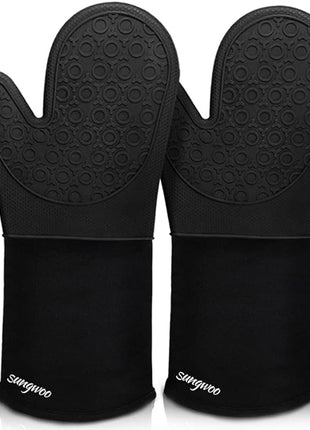 sungwoo Extra Long Silicone Oven Mitts, Heat Resistant Oven Gloves with Quilted Liner Non-Slip Textured Grip Perfect for BBQ, Baking, Cooking and Grilling - 1 Pair 14.6 Inch Black
