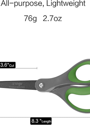 LIVINGO Sharp Scissors All Purpose - 2 Pack 8 Inch Titanium Coated Non Stick Steel Shears Heavy Duty for Office Home School Sewing Crafting Cutting Paper Fabric, Comfortable Grip (Gray & Green)