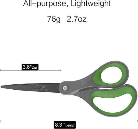 LIVINGO Sharp Scissors All Purpose - 2 Pack 8 Inch Titanium Coated Non Stick Steel Shears Heavy Duty for Office Home School Sewing Crafting Cutting Paper Fabric, Comfortable Grip (Gray & Green)