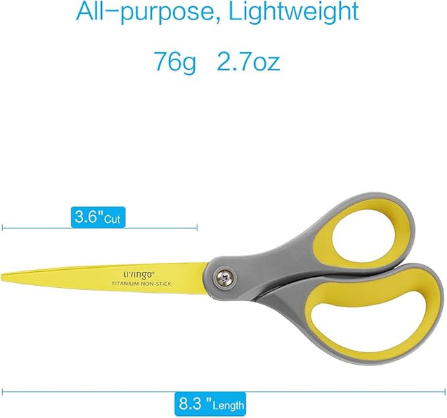 LIVINGO 8" 2 Pack Scissors, Titanium Coated Sharp Stainless Steel Non-stick Scissors All Purpose, Comfort Grip Handles Shears for Office Home Supplies Crafting DIY Cutting Tape Adhesive General Use