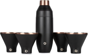 Snowfox Premium Vacuum Insulated Stainless Steel 22oz Cocktail Shaker and 4 Martini Glass Set, Home Bar Accessories, Elegant Drink Mixer, Leak Proof Lid & Built In Strainer, Gift Box, Black/Gold