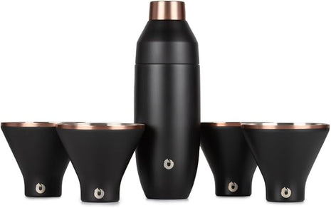 Snowfox Premium Vacuum Insulated Stainless Steel 22oz Cocktail Shaker and 4 Martini Glass Set, Home Bar Accessories, Elegant Drink Mixer, Leak Proof Lid & Built In Strainer, Gift Box, Black/Gold