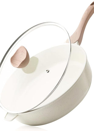 Kordisen Nonstick Ceramic Deep Frying Pan, 12 Inch Non Toxic Large Skillet with Lid, 5 Qt Healthy Jumbo Cooker, Saute Pan for Cooking, Induction Cookware, PFOA & PFAS Free (Cream)