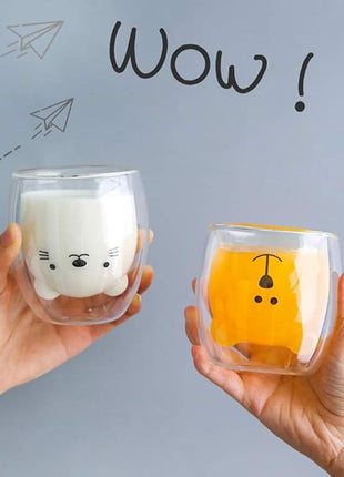 Cute Mugs Double Wall Glass Coffee Glass Cup Kawaii Bear Tea Milk Cup Funny Mug Animal Mug Aesthetic Cup for Office and Personal Birthday Gift (Happy bear)