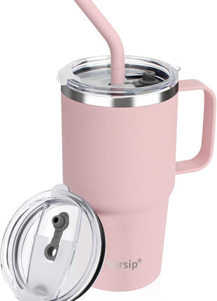 Sursip 24 oz Insulated Cup with Handle, Double Wall Vacuum Stainless Steel Tumbler with Straw and 2 Lids, For Cold/Hot Drinks, Coffee Travel Mug for Car/Home/Office/Party/Camping (Pink-1 Pack)