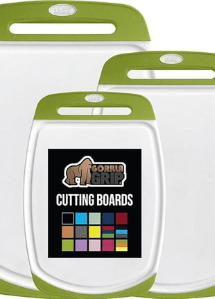 GORILLA GRIP BPA-Free Reversible Kitchen Cutting Board Set of 3, US Designed, Nonporous, Juice Grooves Catch Liquid, Slip Resistant Border, Dishwasher Safe, Durable Food Chopping Boards, Lime Green