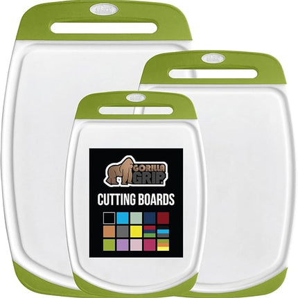 GORILLA GRIP BPA-Free Reversible Kitchen Cutting Board Set of 3, US Designed, Nonporous, Juice Grooves Catch Liquid, Slip Resistant Border, Dishwasher Safe, Durable Food Chopping Boards, Lime Green