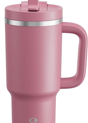 ENCOOL 32 oz Tumbler with Handle and Straw: Stainless Steel Insulated Tumbler Keeps Cold for 24 Hours, Leakproof Travel Cup Fits in Cup Holder and BPA-Free,Turkish Rose