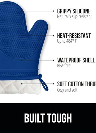 GORILLA GRIP BPA-Free Soft Silicone Oven Mitts, Heat Resistant and Waterproof Cooking Gloves, Thick Cotton Lining, Flexible Gripping for Baking Grilling, Kitchen Potholders Set of 2, 12.5x8.3, Blue