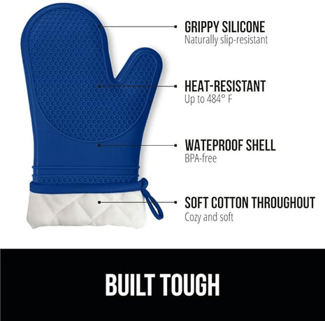 GORILLA GRIP BPA-Free Soft Silicone Oven Mitts, Heat Resistant and Waterproof Cooking Gloves, Thick Cotton Lining, Flexible Gripping for Baking Grilling, Kitchen Potholders Set of 2, 12.5x8.3, Blue