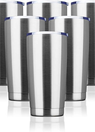 20oz Tumbler Bulk Stainless Steel Vacuum Insulated Tumblers with Lid Double Wall Travel Mug, Powder Coated Coffee Cup, Suitable for Ice Drinks and Hot Beverage(Stainless steel 6pack)