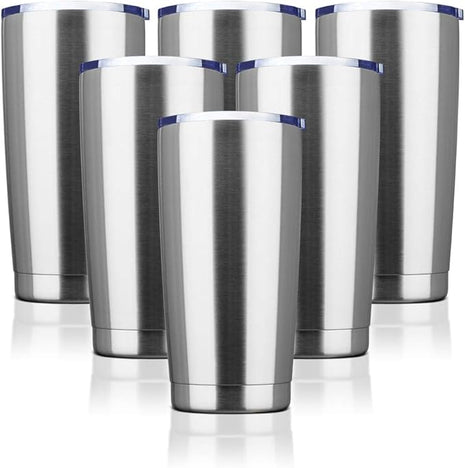 20oz Tumbler Bulk Stainless Steel Vacuum Insulated Tumblers with Lid Double Wall Travel Mug, Powder Coated Coffee Cup, Suitable for Ice Drinks and Hot Beverage(Stainless steel 6pack)