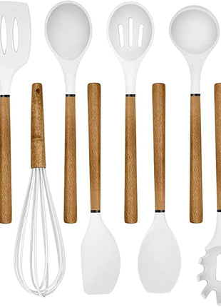 Country Kitchen Non Stick Silicone Utensil Set with Rounded Wood Handles for Cooking and Baking, 8 Piece Set, White