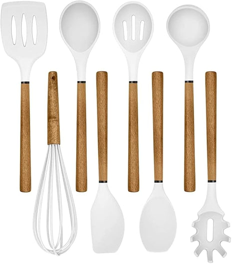Country Kitchen Non Stick Silicone Utensil Set with Rounded Wood Handles for Cooking and Baking, 8 Piece Set, White