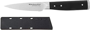 KitchenAid Gourmet Forged Triple Rivet Serrated Paring Knife with Custom-Fit Blade Cover, 3.5-inch, Sharp Kitchen Knife, High-Carbon Japanese Stainless Steel Blade, Black