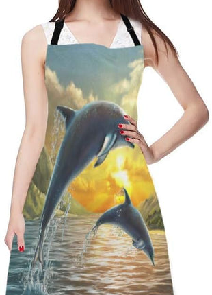 EKOBLA Dolphin Aprons Ocean Jumping Sea Beautiful Sunset Beautiful Landscape Clouds Wave Waterproof Resistant Chef Cooking Kitchen BBQ Adjustable Aprons for Women Men 27x31 Inch