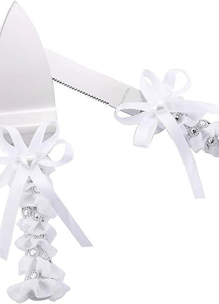 TANG SONG Elegant Stainless Steel Wedding Cake Knife and Serving Set Resin Plastic Handle with Heart Beads and Bowknot Riband Lace Design
