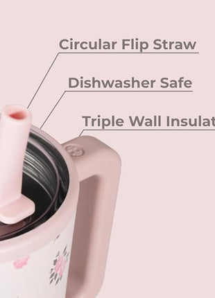 HydroJug Traveler - 32 oz Water Bottle with Handle & Flip Straw - Fits in Cup Holder, Leak Resistant Tumbler-Reusable Insulated Stainless Steel & Rubber Base - Gifts for Women & Men, Wildrose