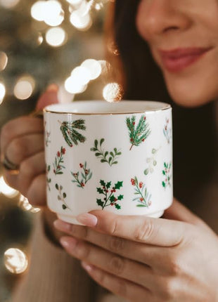 Sweet Water Decor Holiday Greenery Coffee Mug, 14oz China Christmas Mug with Gold Handle, Large Holiday Winter Cup for Coffee, Tea & Hot Chocolate, Stocking Stuffer Gifts for Women