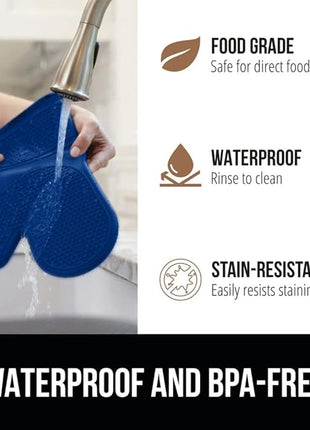 GORILLA GRIP BPA-Free Soft Silicone Oven Mitts and Pot Holders Sets of 4, Heat Resistant Waterproof Cooking Gloves, Thick Cotton Lining, Flexible Gripping for Baking Grilling, Kitchen Trivets, Blue