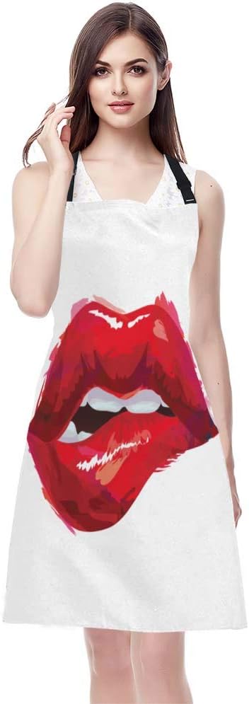 EKOBLA Lips Aprons Lipstick Sexy Biting Lips Woman Valentine Romantic Love Waterproof Resistant Chef Cooking Kitchen BBQ Adjustable Aprons for Women Men 27x31 Inch