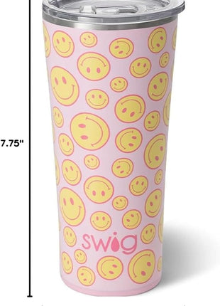 Swig Life 22oz Insulated Tumbler, Travel Coffee Tumbler with Lid, Cup Holder Friendly Travel Coffee Mug, Stainless Steel (Oh Happy Day)