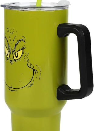 Bioworld Grinch Grinning Face 40 Oz Green Stainless Steel Tumbler With Handle