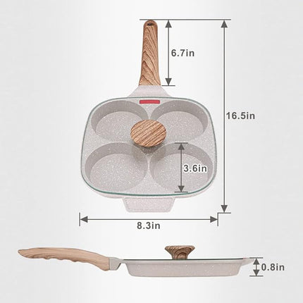 Egg Pan, Egg Frying Pan with Lid Nonstick 4 Cups Pancake Pan Fried Egg Pan for Breakfast, Gas Stove & Induction Compatible (White)