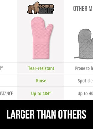 GORILLA GRIP BPA-Free Soft Silicone Oven Mitts, 14.5x8.3, Heat Resistant and Waterproof Cooking Gloves, Thick Cotton Lining, Flexible Gripping for Baking Grilling, Kitchen Potholders Set of 2, Pink