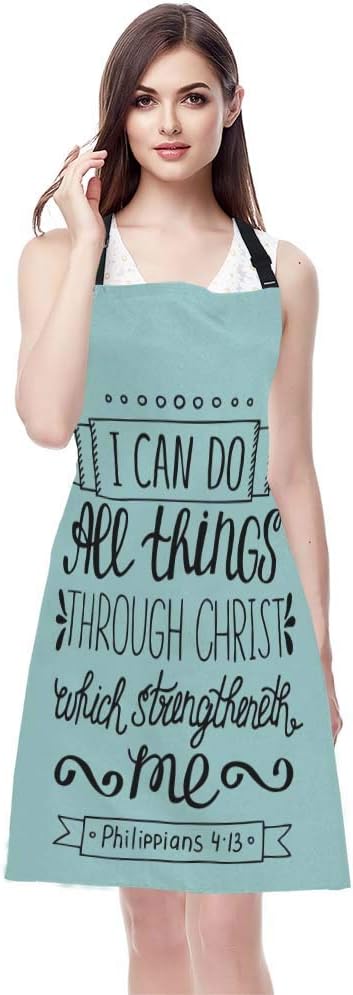 EKOBLA Bible Verse Aprons With I Can Do All Things Through Christ Christian Lettering Quote Waterproof Resistant Chef Cooking Kitchen BBQ Adjustable Aprons for Women Men 27x31 Inch