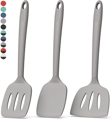 Coukre 3 Pack Silicone Spatula Set, High Heat Resistant, BPA-Free, Fish Spatula, Solid & Slotted Turner for Non-Stick Pans, Flipping Eggs, Pancakes, Fish, Burgers (3, PureGray)