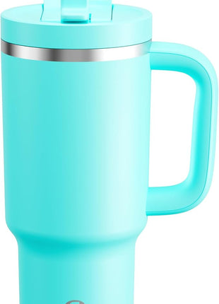 32 oz Tumbler with Handle and Straw: Stainless Steel Insulated Tumbler Keeps Cold for 24 Hours, Leakproof Travel Cup Fits in Cup Holder and BPA-Free,Aquamarine Blue