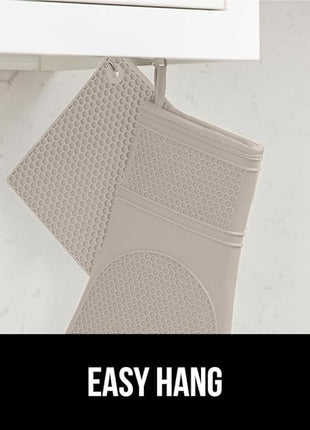 GORILLA GRIP BPA-Free Soft Silicone Oven Mitts and Pot Holders Sets of 4, Heat Resistant Waterproof Cooking Gloves, Thick Cotton Lining, Flexible Gripping for Baking Grilling, Kitchen Trivets, Almond