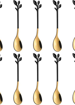 AnSaw Elegant Black & Gold Leaf Espresso Spoons - 10-Piece, 4.7" Mini Stainless Steel Coffee & Dessert Tea Spoons, Perfect for Demitasse & Small Servings