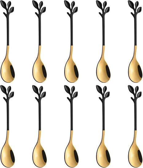 AnSaw Elegant Black & Gold Leaf Espresso Spoons - 10-Piece, 4.7" Mini Stainless Steel Coffee & Dessert Tea Spoons, Perfect for Demitasse & Small Servings
