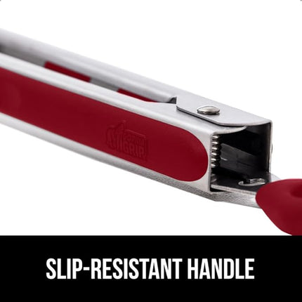 GORILLA GRIP Stainless Steel Heat Resistant Kitchen Tongs for Cooking, Set of 2 BBQ Tong, Non Scratch Silicone Tip for Pans, Strong Grip, Grab Food, Toss Salad, Air Fryer, Pull Lock, 7 + 9 Inch, Red