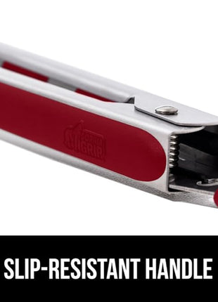 GORILLA GRIP Stainless Steel Heat Resistant Kitchen Tongs for Cooking, 9 + 12 Inch, Set of 2 BBQ Tong, Non Scratch Silicone Tip for Pan, Strong Grip, Grab Food, Toss Salad, Air Fryer, Pull Lock, Red
