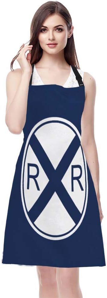 EKOBLA Traffic Sign Aprons Train Railroad Crossing Dark Blue White Waterproof Resistant Chef Cooking Kitchen BBQ Adjustable Aprons for Women Men 27x31 Inch