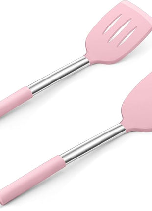 E-far Silicone Spatula Set of 2, Solid & Slotted Turner for Nonstick Cookware, Heat Resistant Rubber Kitchen Cooking Utensils for Flipping Fish Pancake Egg - Pink