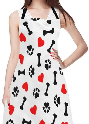 EKOBLA Dogs Paw Print Aprons Animal Bones Cute Lovely Cartoon Adorable Footprint Red Heart Waterproof Resistant Chef Cooking Kitchen BBQ Adjustable Aprons for Women Men 27x31 Inch